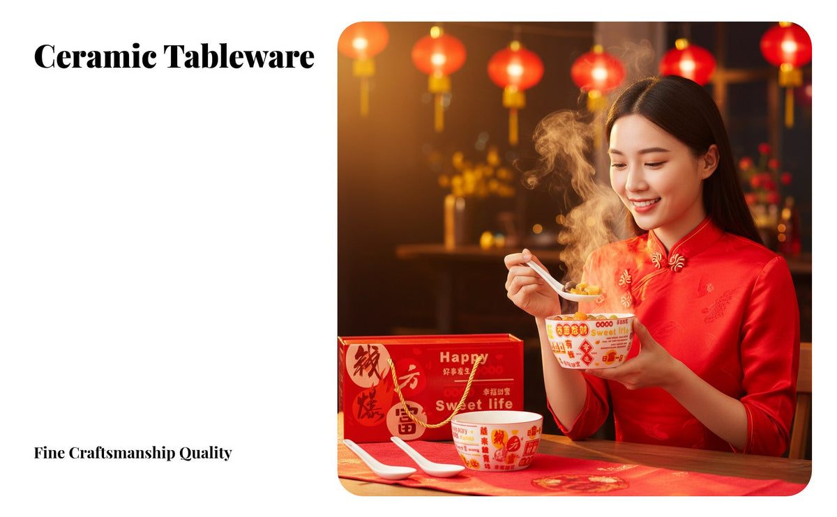 Red Festive Ceramic Bowl and Spoon Set, Flower Pattern, Gift Box, Tableware for Events