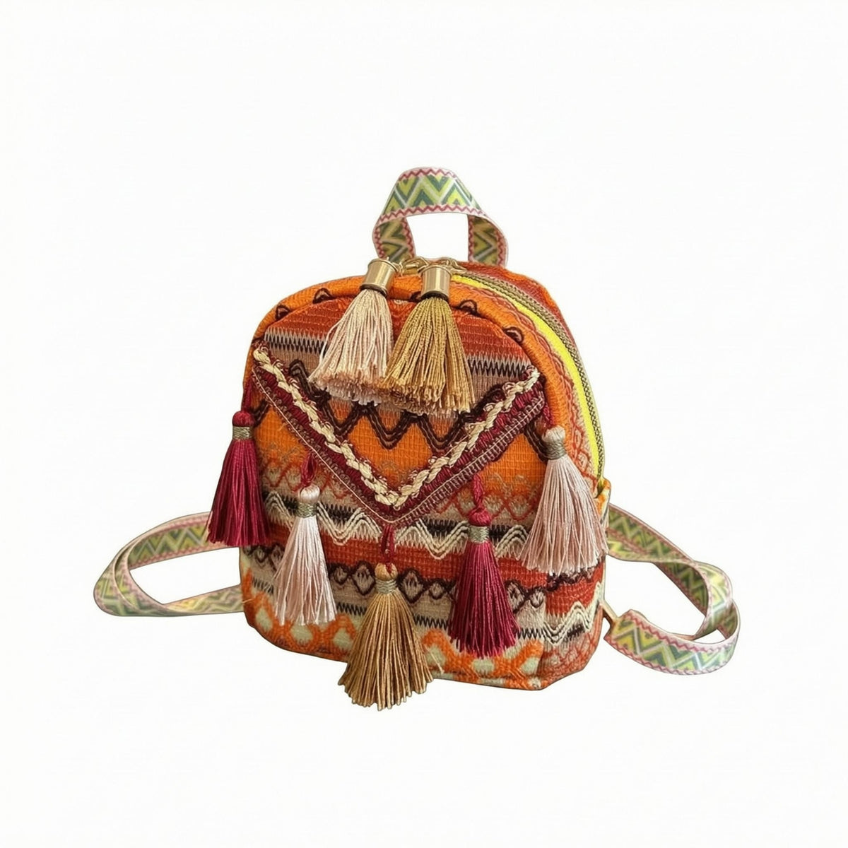 Decorative Tassels Ethnic-Style Backpack Zigzag Trim Boho Backpack Structured Shape