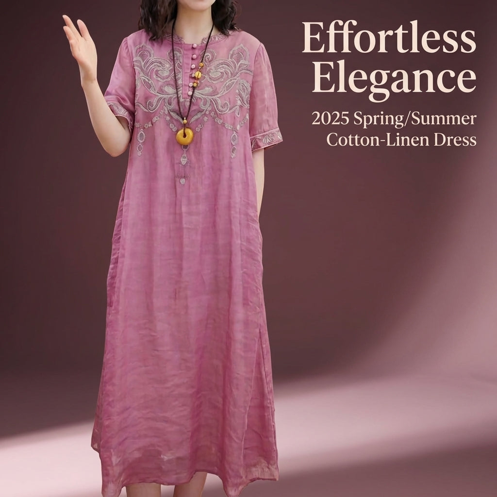 Summer Dresses for Women UK with Embroidered Detail, Linen Midi Dress with Short Sleeves, Loose for Beach Wear