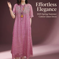 Summer Dresses for Women UK with Embroidered Detail, Linen Midi Dress with Short Sleeves, Loose for Beach Wear