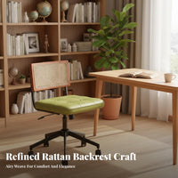 Woven Backrest Cane Back Rolling Chair Adjustable Height Office Seating 360-Degree Swivel Home Furniture Retro Design for Students, Adults, Teens, Bedroom, Study Room