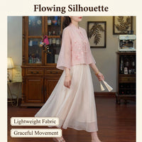 Women Floral Embroidered Shirt with Button Design for Summer Casual Wear, Chinese Style Blouse with Inner Lining, Lightweight Polyester Top