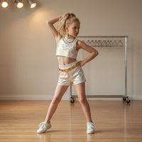 Cosplay Performance Outfit Shiny Short Top and Shorts Set with Belt Gleaming Costume for Children