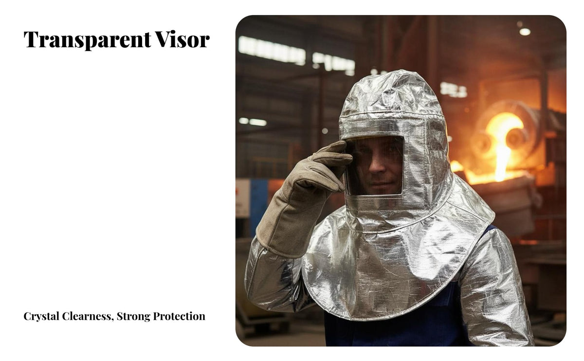 Aluminized Cape Hood with Visor Fireproof welder's Hood with Neck Drape Full Coverage Design Heat Resistant protective headgeargear Cover for individuals, Foundries, Steel Mills
