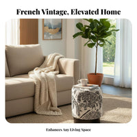French Retro Design Padded Vanity Seat Solid Wood Base Upholstered Drum Stool High-Density Foam Cushion Household Furniture Versatile Use for Interior Designers, Hotel Managers, Dressing Room, Bedroom, Entryway, Under a Desk