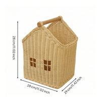 House-Shaped Basket Handwoven rattan Basket with Handle Decorative for Kids, Tabletop, Bookshelf, Nursery
