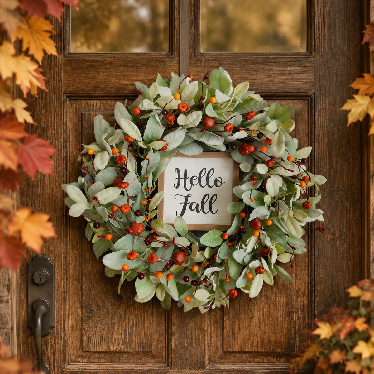 Entrance Wreath, Artificial Flower, Berry, Eucalyptus Wreath, 45cm, Autumn, Pumpkin, Wall Decoration, Natural, Interior Decor