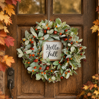 Entrance Wreath, Artificial Flower, Berry, Eucalyptus Wreath, 45cm, Autumn, Pumpkin, Wall Decoration, Natural, Interior Decor