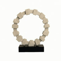 Geometric Circlet Sculpture Travertine-Style Circular Ornament Sculptural Tabletop Decor for Bookshelf, Office Reception