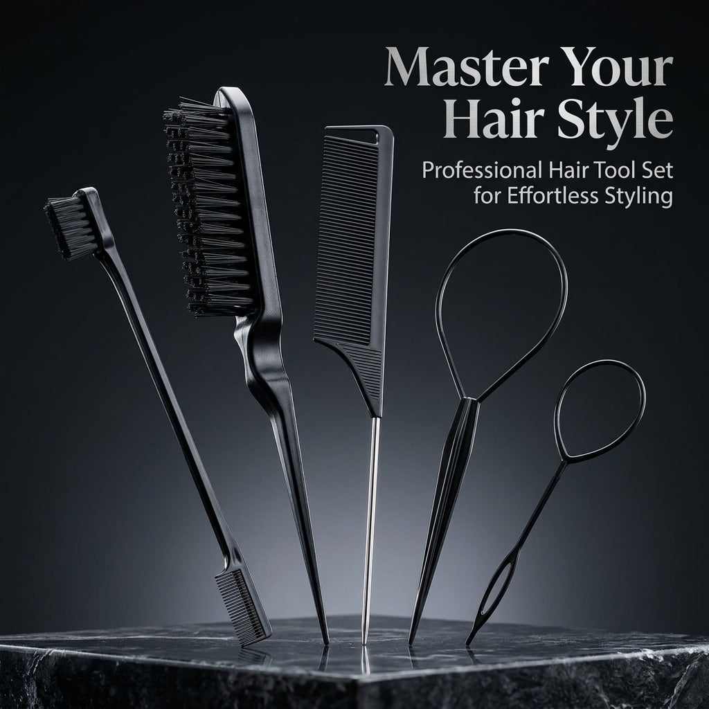 5-Piece Hair Styling Set with Double Ended Backcombing Brush, Pin Tail Comb for Parting Tool, Teasing for Hairstylists