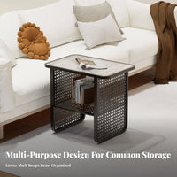 Nordic Design Two-Tier Woven-Panel Side Table Minimalist Aesthetic 2-Tier Table Japanese Aesthetic Nightstand Space-Saving for Apartment Dwellers, Homeowners, Bedroom, Small Areas, Guest Room, Entryway