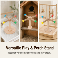Wood Parrot Stand, Chewable Windmill Perch for Cockatiel Budgie Conure, Rotating Avian Companion Play Stand Playground