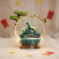 Solid Wood Base Ceramic Feng Shui Ornament Tiger Figurine Water Fountain Crystal Ball Water Feature for Business Owners, Entrance Hall, Desktop, Living Room, Meditation Space