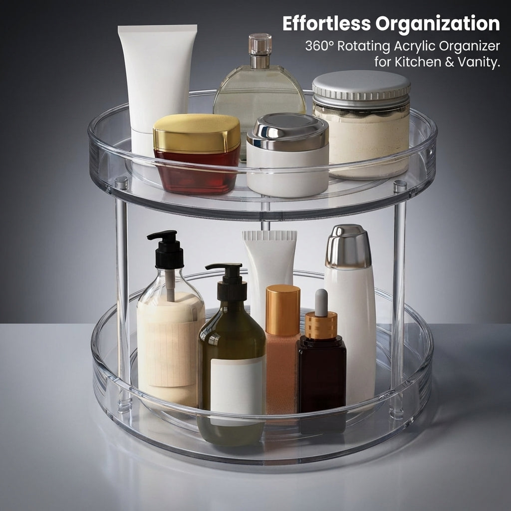 Rotating Organizer Turntable Rack, 2 Tier Acrylic Revolving Storage Pantry Condiment Kitchen Shelf for Enthusiasts