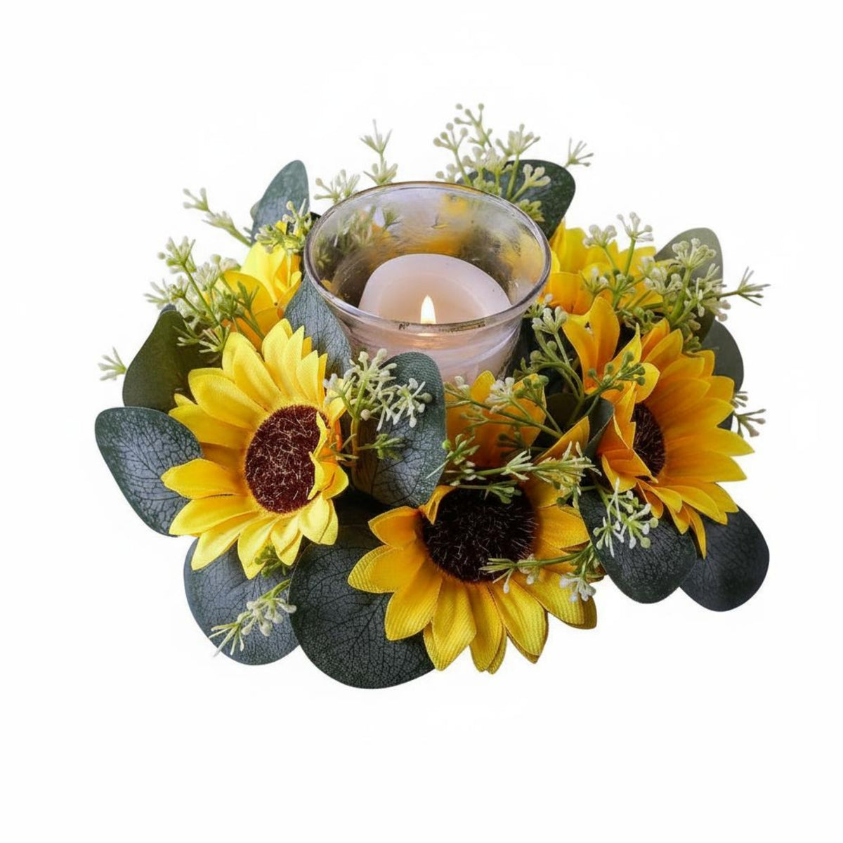 Sun-Like Flower Candle Circle Green Leaves Artificial Sun-Like Flower Wreath