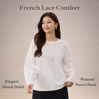 Lace Top for Plus Size Women with French Trim Detail, Round Neck Pullover Shirt for Office Wear and Business Casual, Polyester Blouse