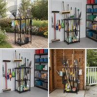 Metal Garden Tool Rack Freestanding Tool Organizer with Hooks Three-Tier Heavy Duty for Homeowners