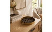 Antique Bronze Round Decorative Tray Raised Rim Woven Tray Side Handles House Decoration Geometric Pattern