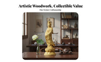 Intricacy Ed Carving Deity of Mercy Statue on Lotus Serene Visage Guanyin Statue Handmade Deity of Mercy Sculpture Feng Shui Decor for Spiritual Seekers, Mindful Movement Practice and Meditation Practitioners, Living Room, Office, Bookshelf, Car Dashboard
