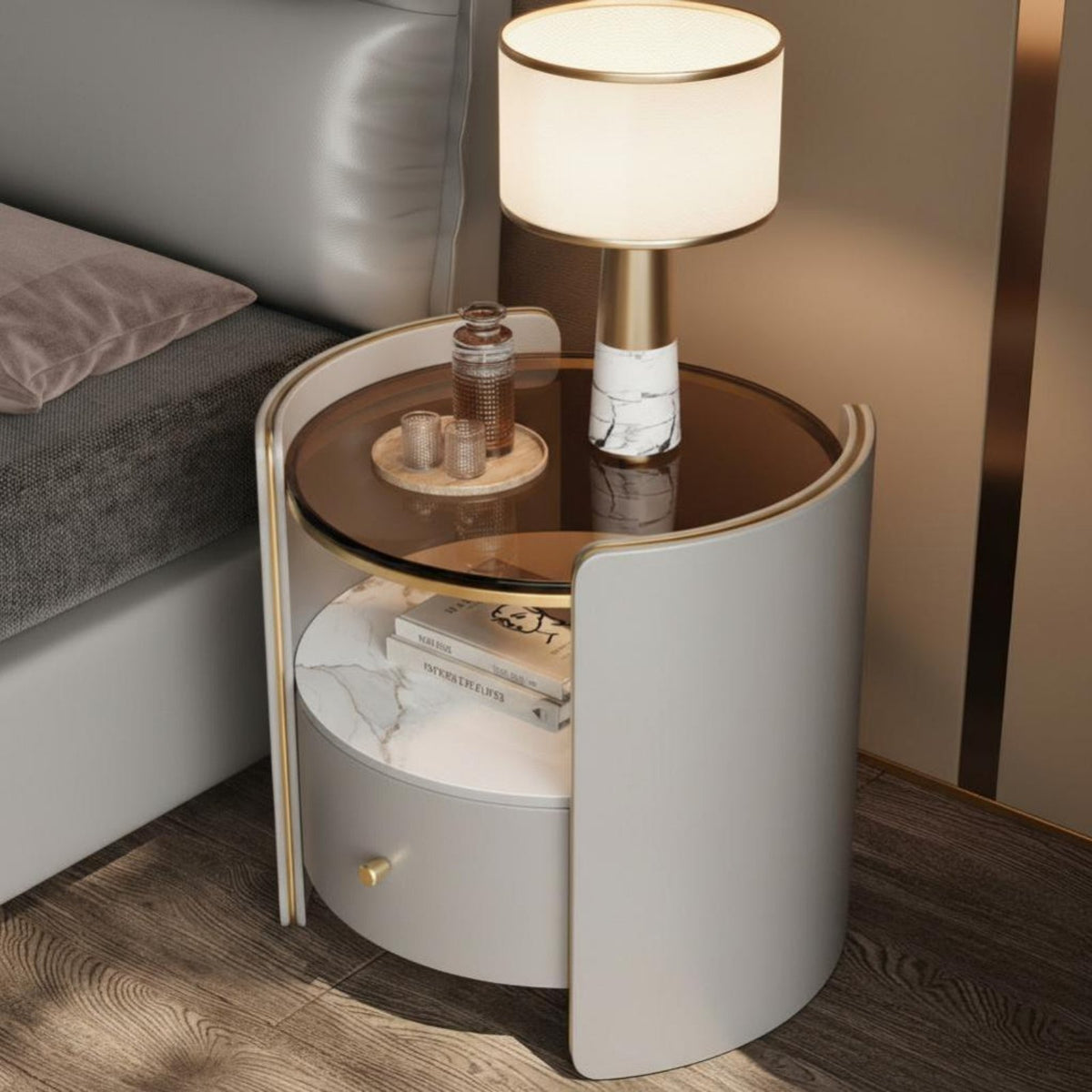 Modern Design Round Nightstand Minimalist & design Bedroom Cabinet Rounded Edges Side Table Space-Saving for property owners, Apartment Dwellers, Students, Small areas, Dorm Room