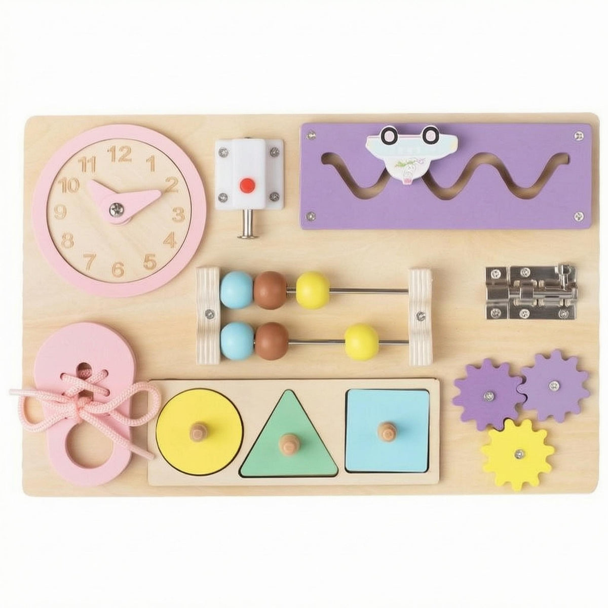 Natural Wood Educational Busy Board Hands-on Wooden Busy Board Pink-Accented Interactive for Toddlers, Preschoolers, Early Learning