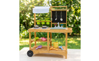 Toy Kitchen with Canopy Wooden Pretend Kitchen with Wheels Mobile Playset for Daycare