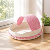 Semi-Enclosed Cotton Rope Cat Bed Handwoven Cat Bed with Canopy Handmade Cozy for Indoor Cats, Kittens, Living Room, Sunny Corner