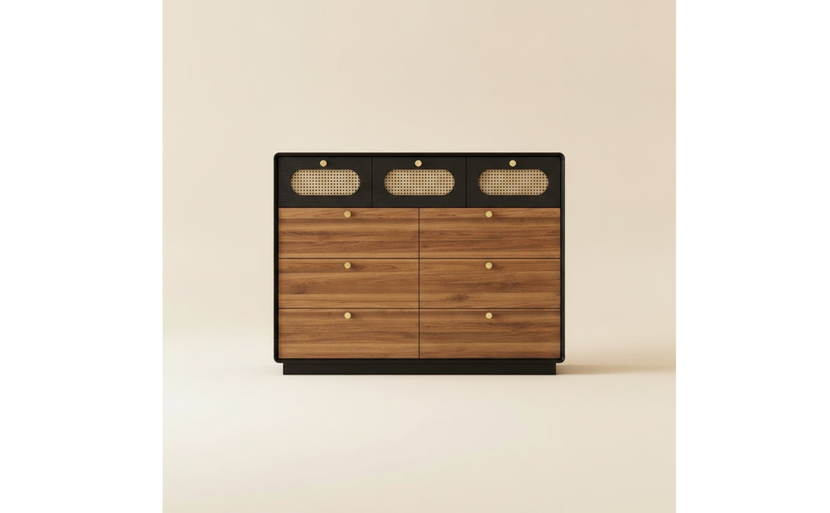Dresser with Cane Drawers Retro Chest of Drawers with Cane Details Sturdy Wood Dresser with Knobs for Bedroom, Living Room, Hallway