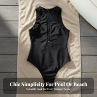 Fastener Front Single-Piece Swimsuit Quick-Dry Material Uniform Color Wave Suit Zip Front Bathing Suit Breathable