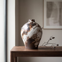 Ceramic Vase with Lug Handles Distressed Rustic Minimalist Ceramic Vessel Handhand-Painted Bedroom Decoration for Decorators, Guesthouse