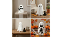 Halloween Ghost with Black Cat Cute Ghost Cat Figurine Tabletop Decoration Festive for Shelf, Desk, Party