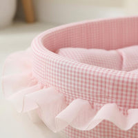Quilted Oval Pet Bed Checkered Bolstered Pet Bed Supportive Raised Bolsters Ruffle Trim for Cats, Small Dogs