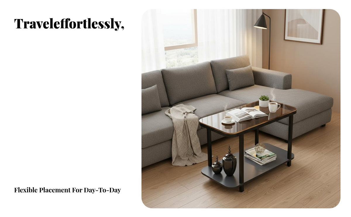 With Wheels Wheeled Sofa Side Table Space-Saving Bedside Stand C-Shaped Design Household Furniture 2-Tier Storage for Apartment Dwellers, Distant Workers, Living Room, Bedroom, Small Areas, Balcony