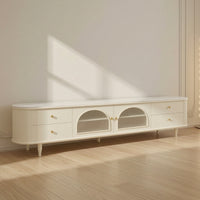 TV Cabinet with Glass Doors Cream TV Stand with Glass Doors Fluted Media Console for Living Room
