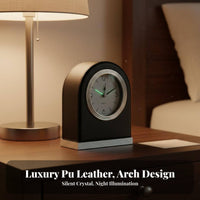 Night Light Function Leather Bedside Clock Quartz Movement Luminous Table Clock Classic Design for Students, Bedroom, Living Room, Bookshelf
