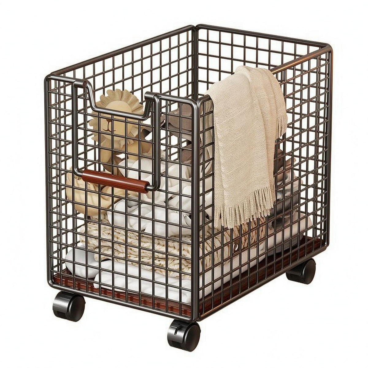 Rolling Wire Basket Trolley Push Handle Metal Utility Trolley Wood-Tone Grip