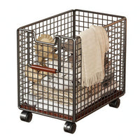 Rolling Wire Basket Trolley Push Handle Metal Utility Trolley Wood-Tone Grip
