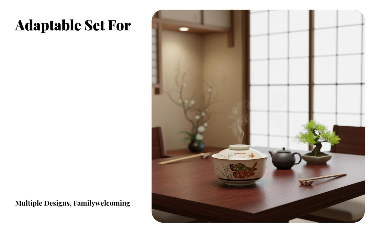 Japanese Vintage Ceramic Dinnerware Set, Underglaze Color Fish Pattern Bowls & Plates, Lidded Soup Bowl Home Gift