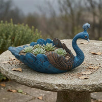 Embossed Feather Pattern Peacock Planter Raised Crest Peacock Flower Pot Curved Neck Decorative Planter Display for Home, Garden, Courtyard