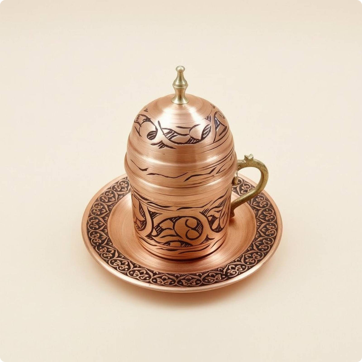 Handmade Copper Coffee Cup Set Engraved Turkish Coffee Cup Floral Pattern Drinkware Saucer