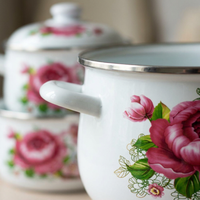 Enamel Soup Pot Set with Lid, Vintage Floral Cooking Pot, Double Ear Handles, Household Soup Pot for Noodles, Enamelware Pot for Pasta