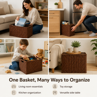 Woven Storage Baskets, Rectangular Wicker Basket with Cut-Out Handles, Tan Synthetic Rattan for Living Room & Cupboard Organiser