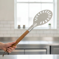 Perforated Pizza Peel with Wooden Handle Anodized Pizza Tuner Transfer with Long Handle Lightweight for Home Cooks, Outdoor Cooking