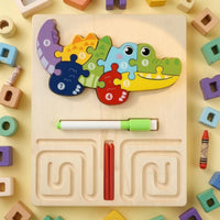 Natural Wood Finish 3-in-1 Learning Board Rounded Corners Child-Led Learning Wooden Learning Puzzle Colorful ABC Numbers Shapes Wooden Puzzle Removable for Preschoolers, Kids