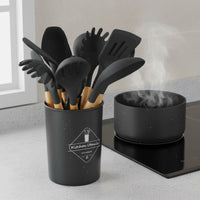 12 Pieces Silicone Utensil Set with Holder High Heat Resistant Cooking Utensils with Wood Handles Stylish Design Non Cooking Utensils
