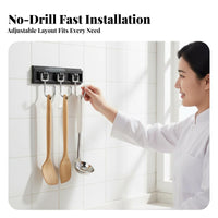 Punch-Non-Drill Installation Wall Mounted Hook Rack Space-Saving Kitchen Utensil Hanging Rail Heavy Duty for Renters, Bathroom, Entryway
