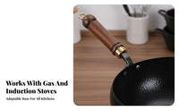 Flat Bottom Wok Even Cooking Chinese Stir Fry Skillet Traditional Chinese Pan Crafted by Hand Cast Iron Wok Ergonomic Wood