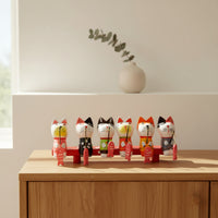 6 Pieces Hand-Painted Cat Statue with Fishing Rod Cute Wooden Cat Figurine Charming Desktop Decoration Compact for Nursery