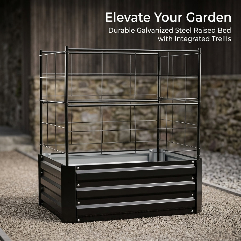 Outdoor Raised Garden Bed with Trellis, Galvanized Metal Planter Box for Vegetables Herbs Flowers