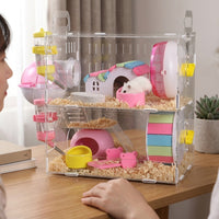 Transparent Hamster Cage Acrylic Hamster Cage, Double Layer Hamster Cage with Water Bottle, Complete Set for Syrian and Dwarf Hamster Habitat